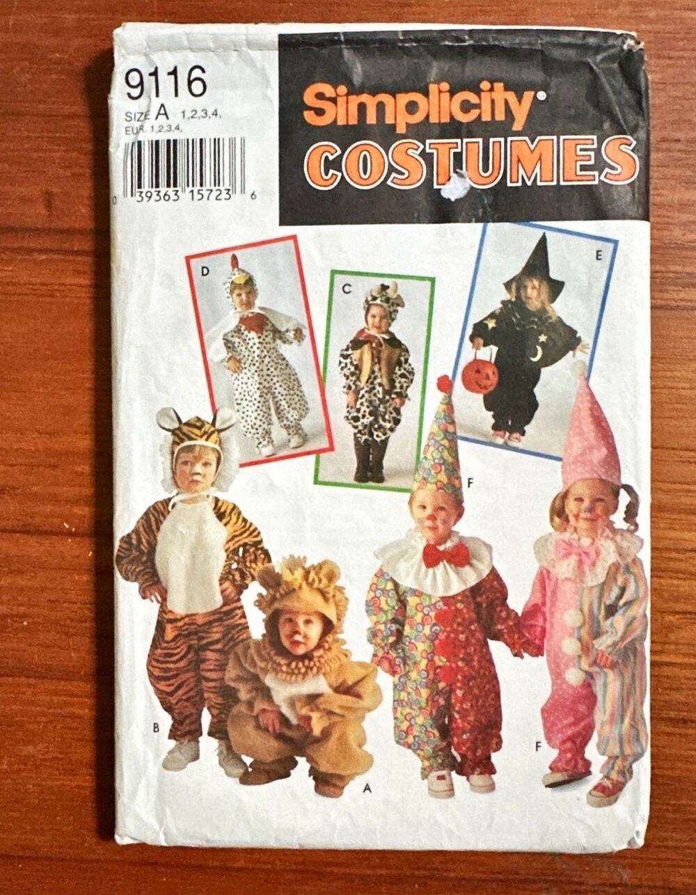 UNCUT Simplicity 9116 Size 1-4 Toddlers Costume Clown Chicken Witch Lion Tiger
